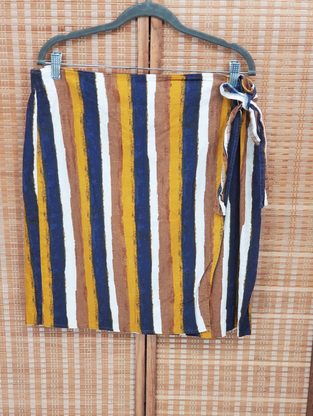♤ Ellen Tracy Linen Striped Faux Wrap Skirt in Navy Mustard White  Brown Size XL